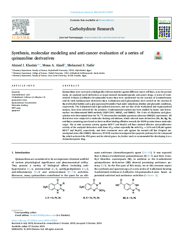 (PDF) Synthesis, molecular modeling and anti-cancer evaluation of a ...