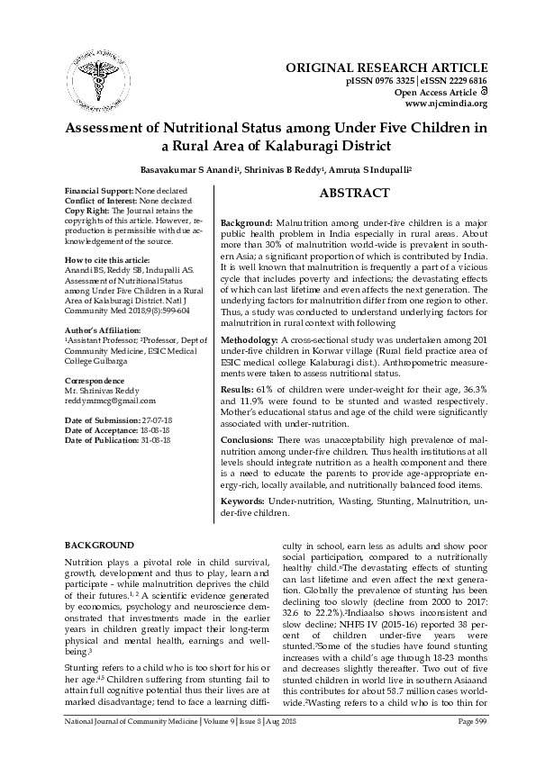 (PDF) Assessment of Nutritional Status among Under Five Children in a ...