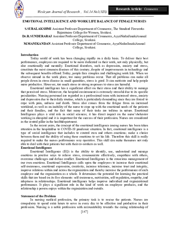 (PDF) Emotional Intelligence and Work Life Balance of Female Nurses
