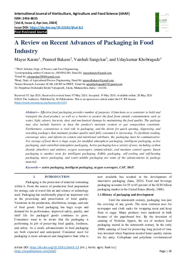 (PDF) A Review on Recent Advances of Packaging in Food Industry