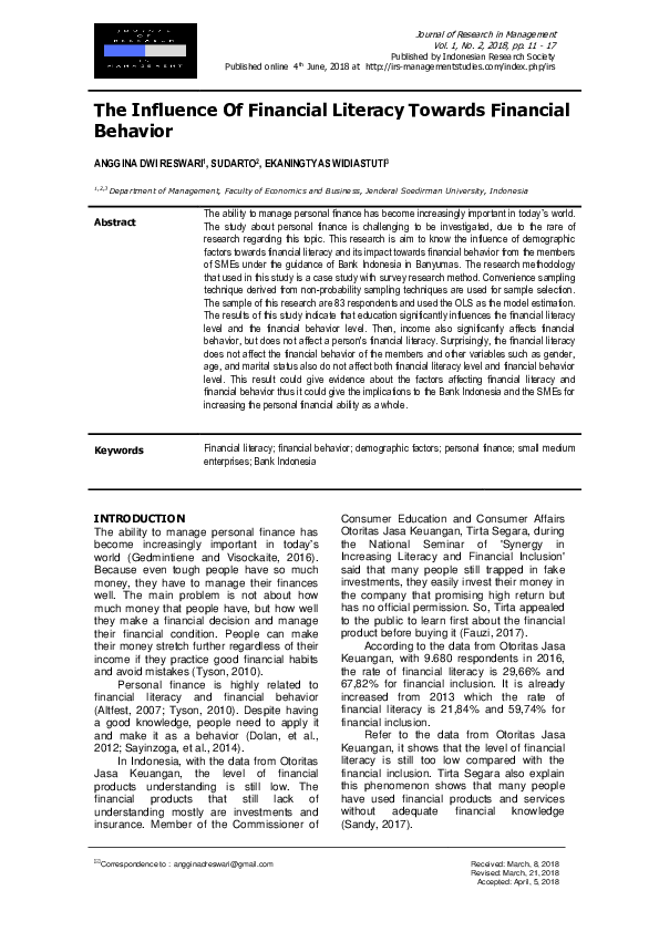(PDF) The Influence Of Financial Literacy Towards Financial Behavior