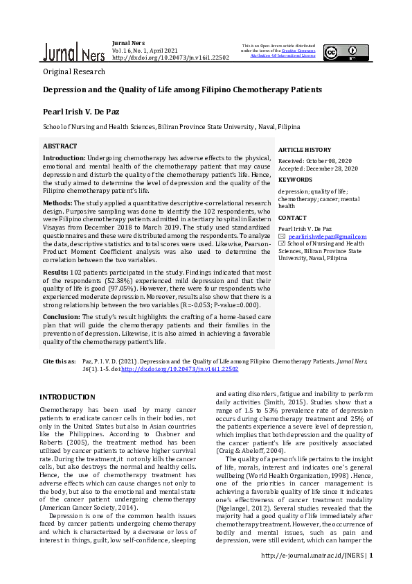 (PDF) Depression and the Quality of Life among Filipino Chemotherapy ...