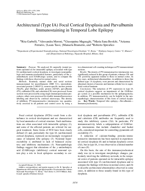 (PDF) Architectural (Type IA) Focal Cortical Dysplasia and Parvalbumin ...