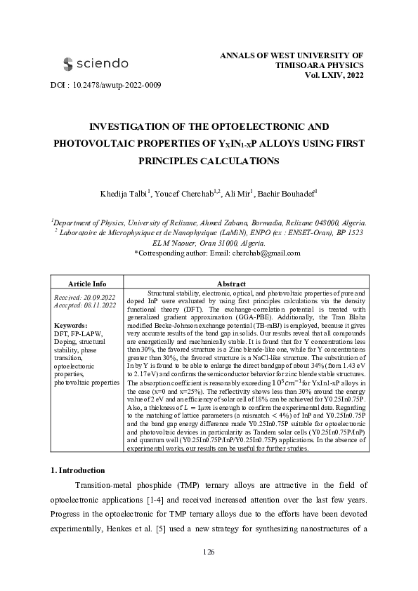 (PDF) Investigation of the Optoelectronic and Photovoltaic Properties ...