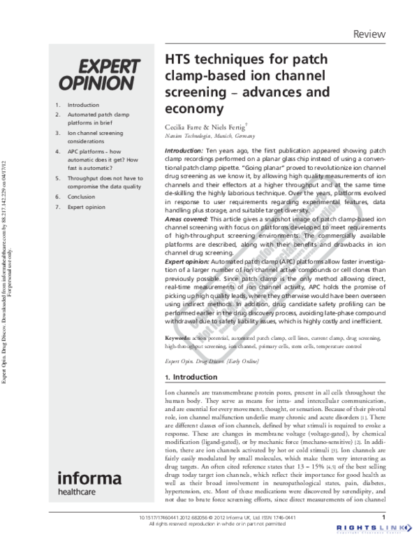 (PDF) HTS techniques for patch clamp-based ion channel screening ...