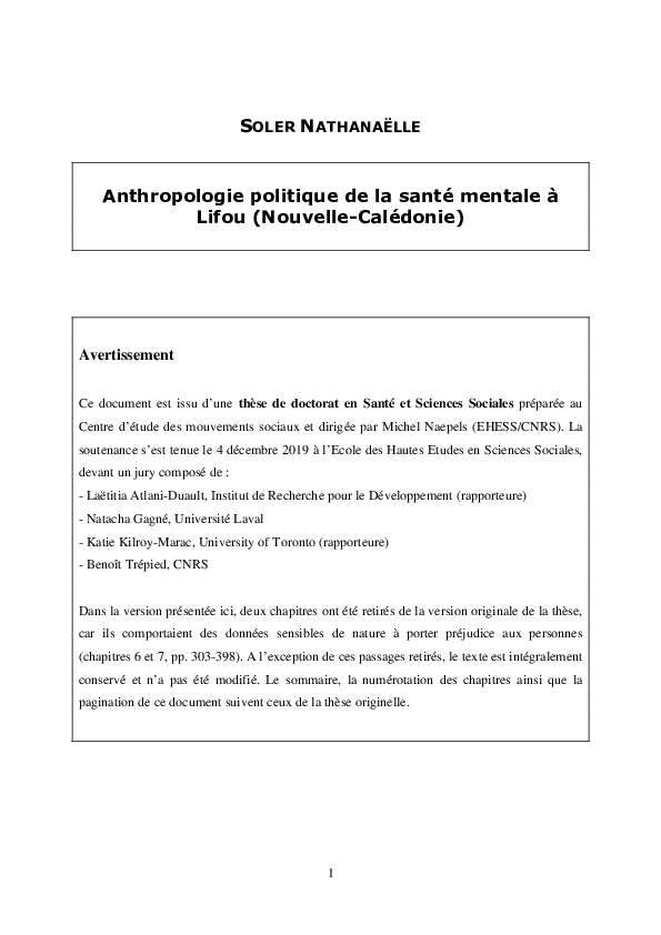 PDF) SOLER Nathanaëlle (2019), Anthropologie politique de la santé mentale  à Lifou (Nouvelle-Calédonie)