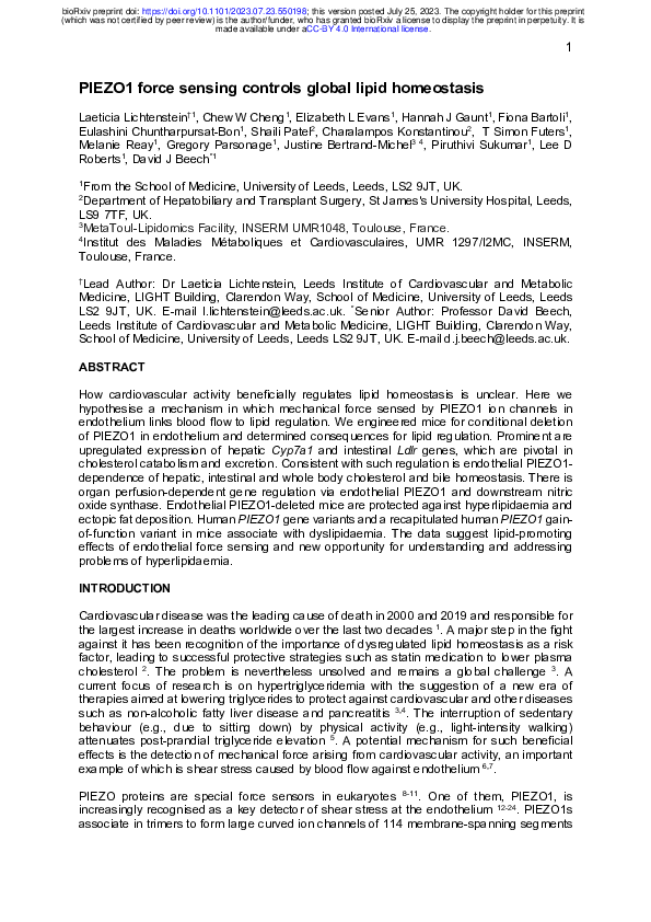 (PDF) PIEZO1 force sensing controls global lipid homeostasis