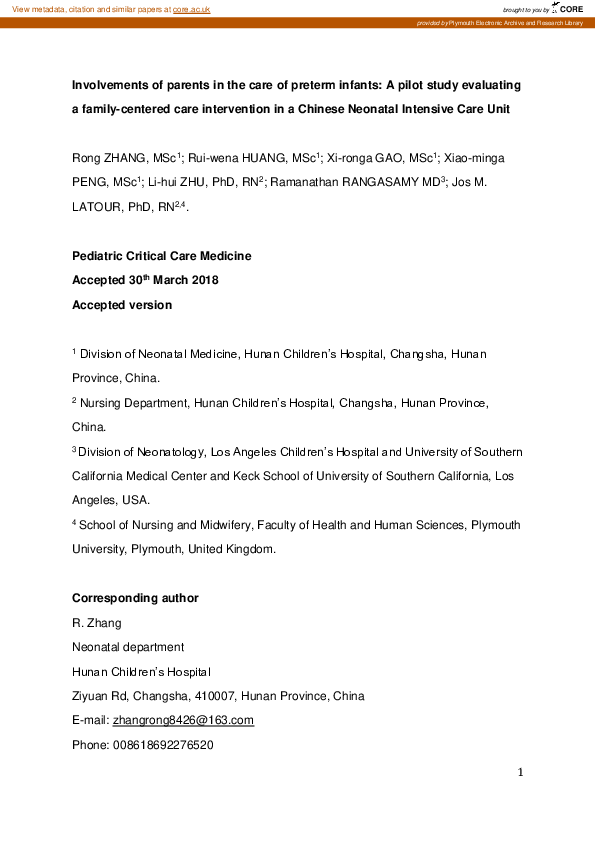 (PDF) Involvements of parents in the care of preterm infants: A pilot ...
