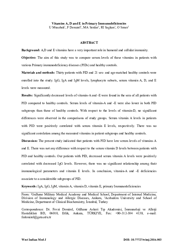 (PDF) Vitamins A, D and E in Primary Immunodeficiencies