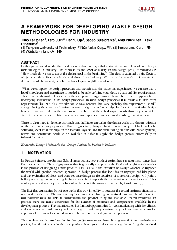 (PDF) A Framework for Developing Viable Design Methodologies for Industry