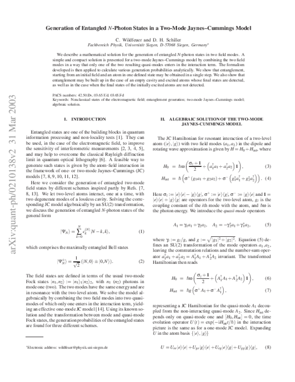 (PDF) Generation of entangled N -photon states in a two-mode Jaynes ...