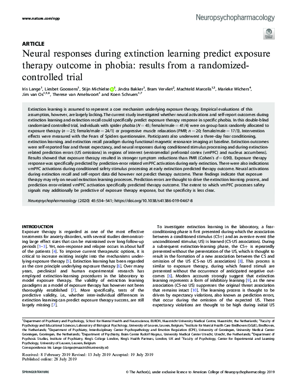 (PDF) Neural responses during extinction learning predict exposure ...