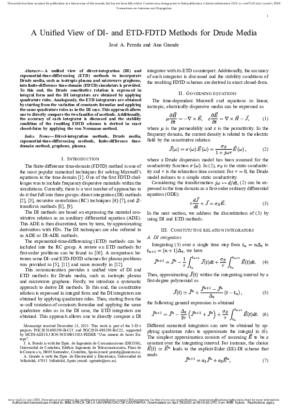 (PDF) A Unified View of DI- and ETD-FDTD Methods for Drude Media