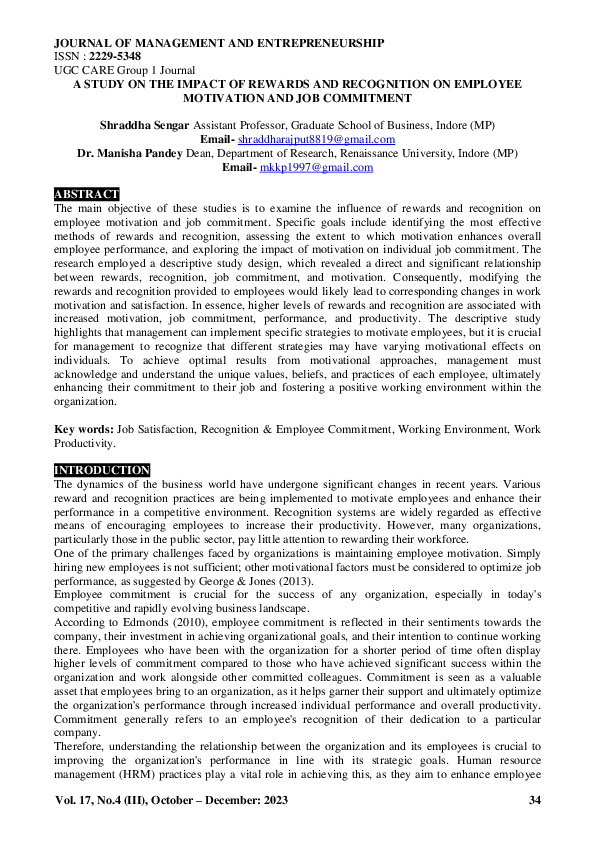 (PDF) A STUDY ON THE IMPACT OF REWARDS AND RECOGNITION ON EMPLOYEE ...