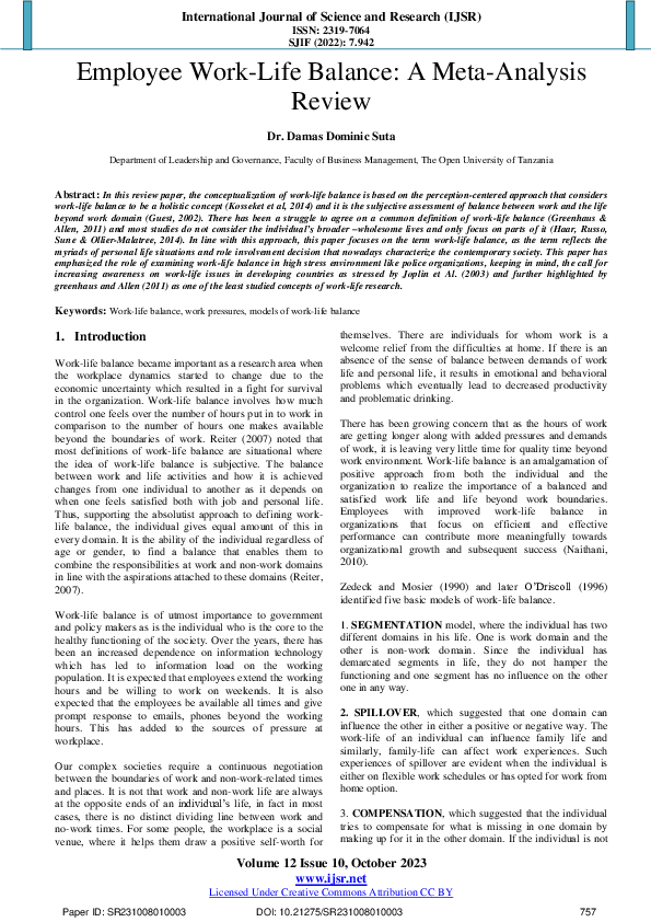 (PDF) Employee Work-Life Balance: A Meta-Analysis Review