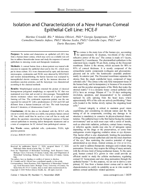 (PDF) Isolation and Characterization of a New Human Corneal Epithelial ...