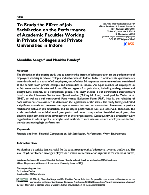 (PDF) To Study the Effect of Job Satisfaction on the Performance of ...