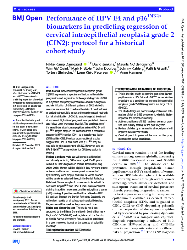 (PDF) Performance of HPV E4 and p16INK4a biomarkers in predicting ...