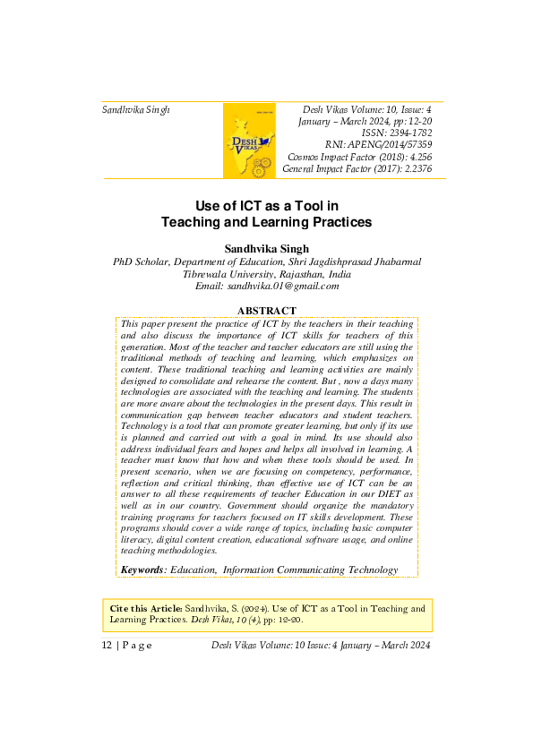 (PDF) Use of ICT as a Tool in Teaching and Learning Practices