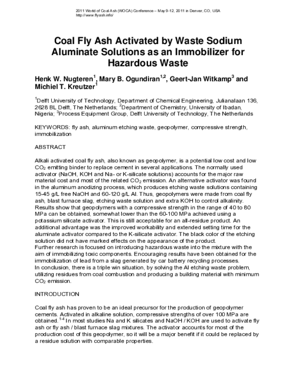 (PDF) Coal Fly Ash Activated by Waste Sodium Aluminate Solutions as an ...