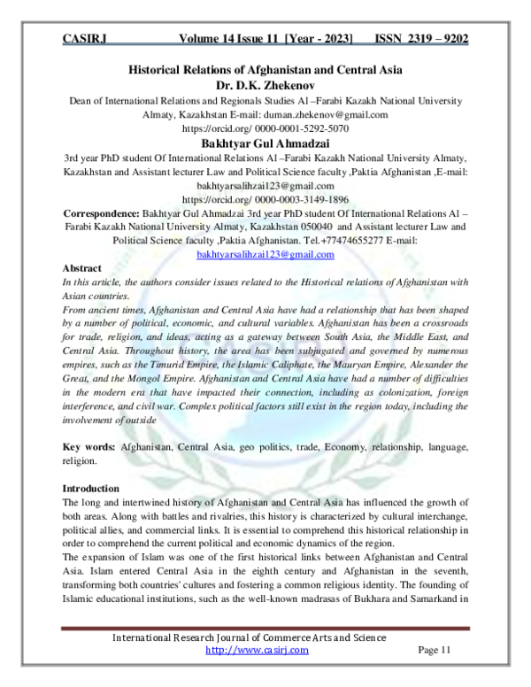 (PDF) Historical Relations of Afghanistan and Central Asia