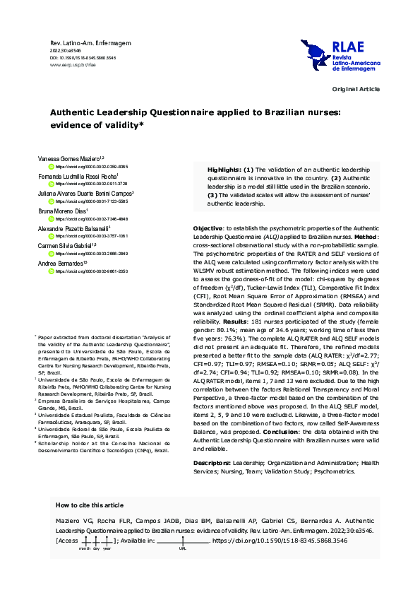 (PDF) Authentic Leadership Questionnaire applied to Brazilian nurses ...
