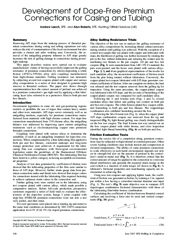 (PDF) Development of Dope-Free Premium Connections For Casing and Tubing