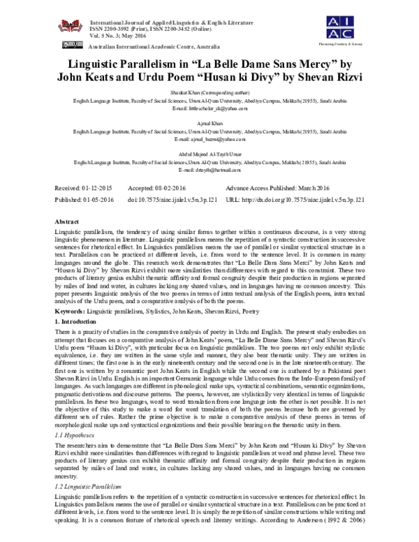 (PDF) Linguistic Parallelism in “La Belle Dame Sans Mercy” by John ...