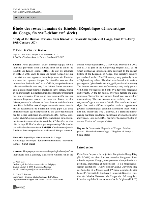 (PDF) Étude des restes humains de Kindoki (République démocratique du ...