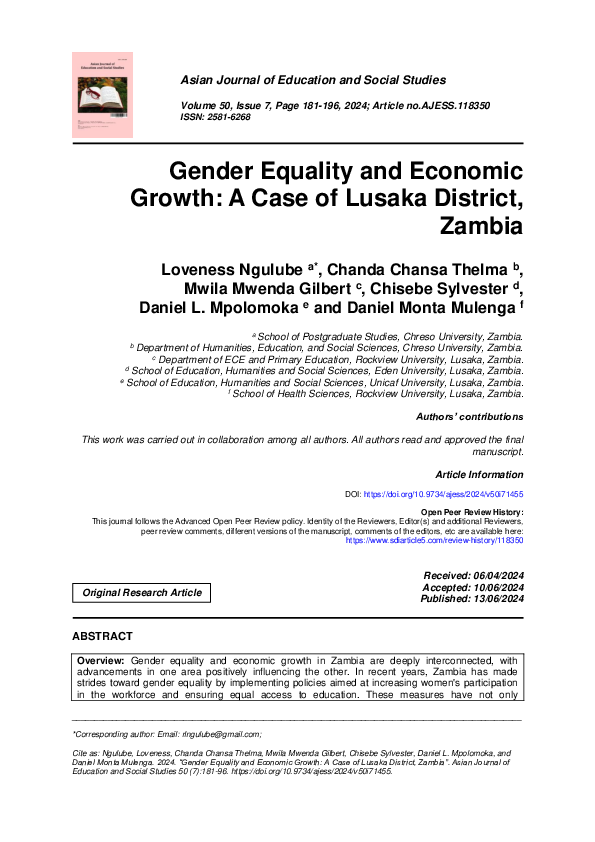 (PDF) Gender Equality and Economic Growth: A Case of Lusaka District ...