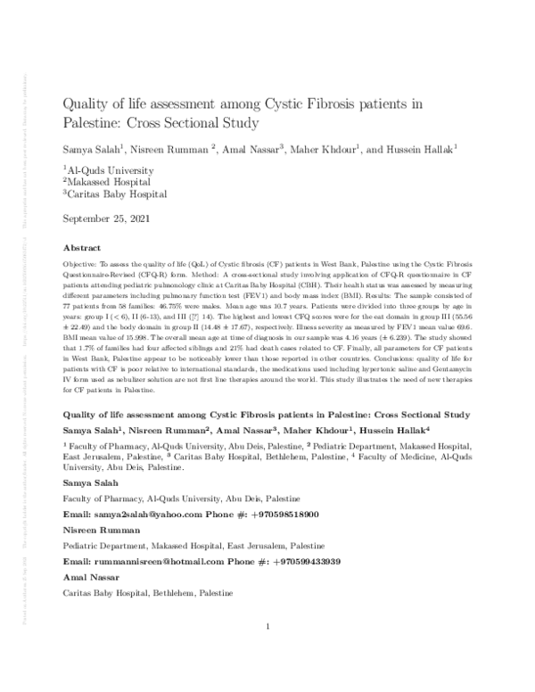 (PDF) Quality of life assessment among Cystic Fibrosis patients in ...