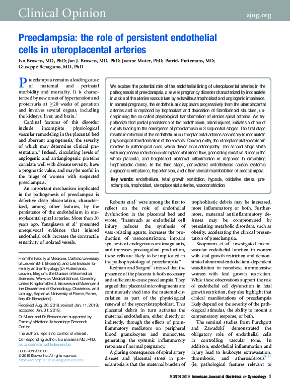 (PDF) Preeclampsia: the role of persistent endothelial cells in ...