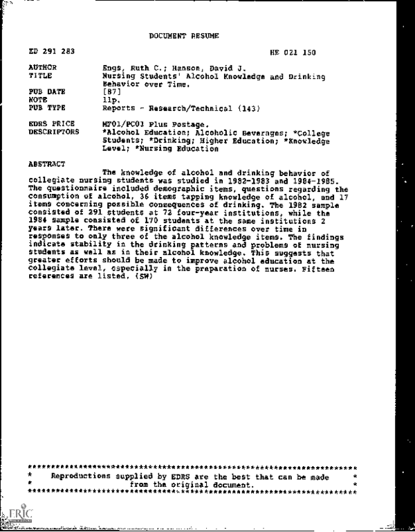 (PDF) Nursing Students' Alcohol Knowledge and Drinking Behavior over Time