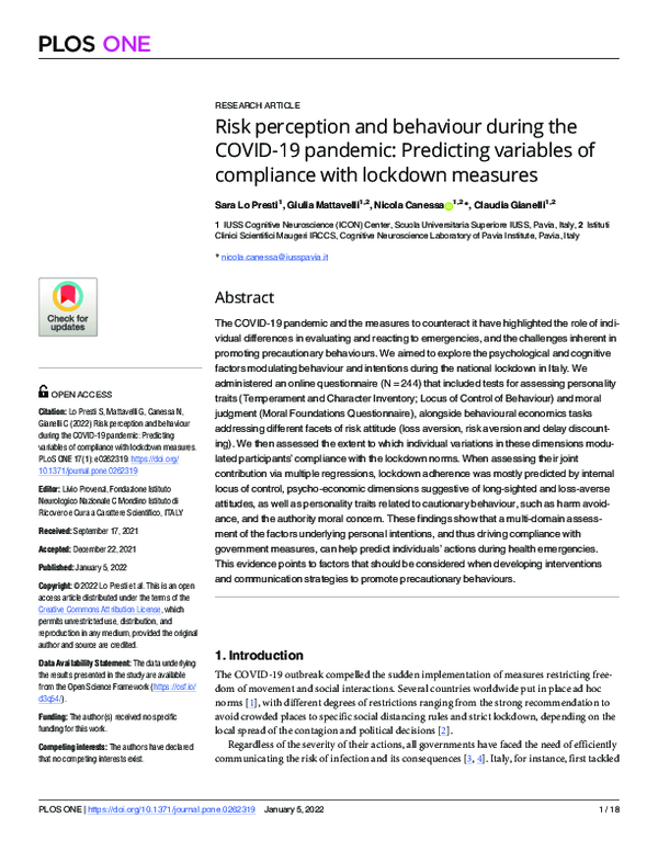 (PDF) Risk perception and behaviour during the COVID-19 pandemic ...