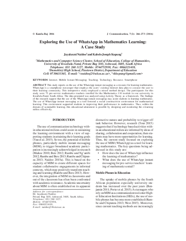 (PDF) Exploring the Use of WhatsApp in Mathematics Learning: A Case Study