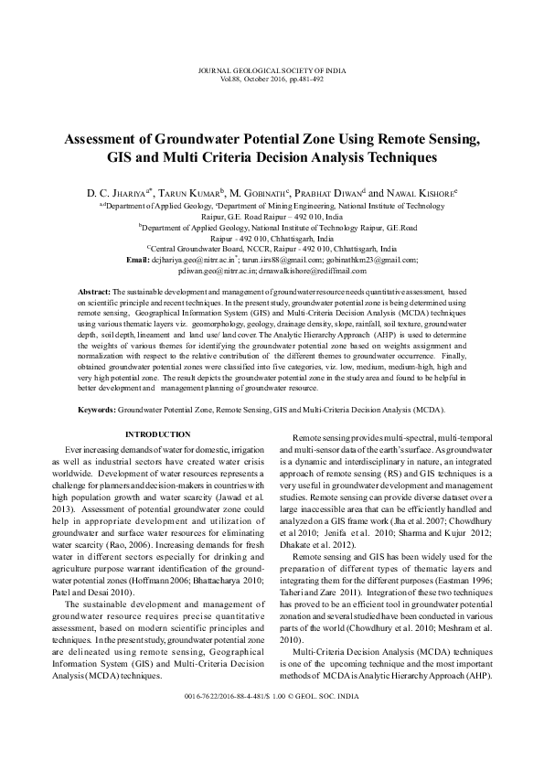(PDF) Assessment of groundwater potential zone using remote sensing ...