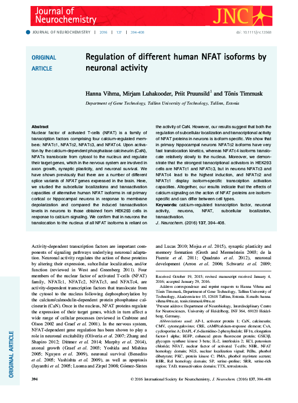 (PDF) Regulation of different human NFAT isoforms by neuronal activity
