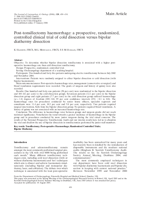 (PDF) Post-tonsillectomy haemorrhage: a prospective, randomized ...