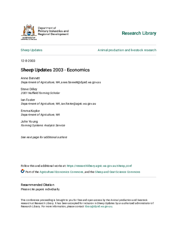 Sheep Updates 2003 - Economics