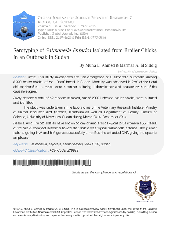 (PDF) Serotyping of Salmonella Enterica Isolated from Broiler Chicks in ...