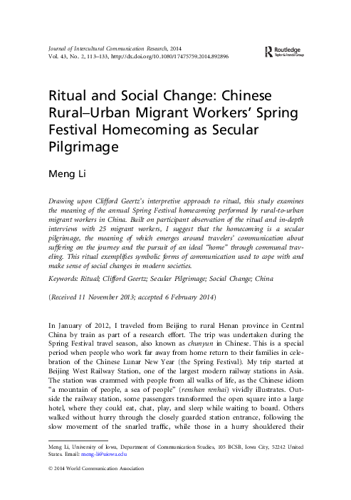 (PDF) Ritual and Social Change: Chinese Rural-Urban Migrant Workers ...