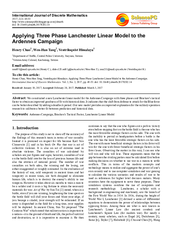 (PDF) Applying Three Phase Lanchester Linear Model to the Ardennes Campaign