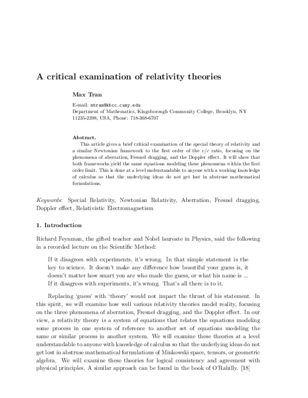 (PDF) A critical examination of relativity theories