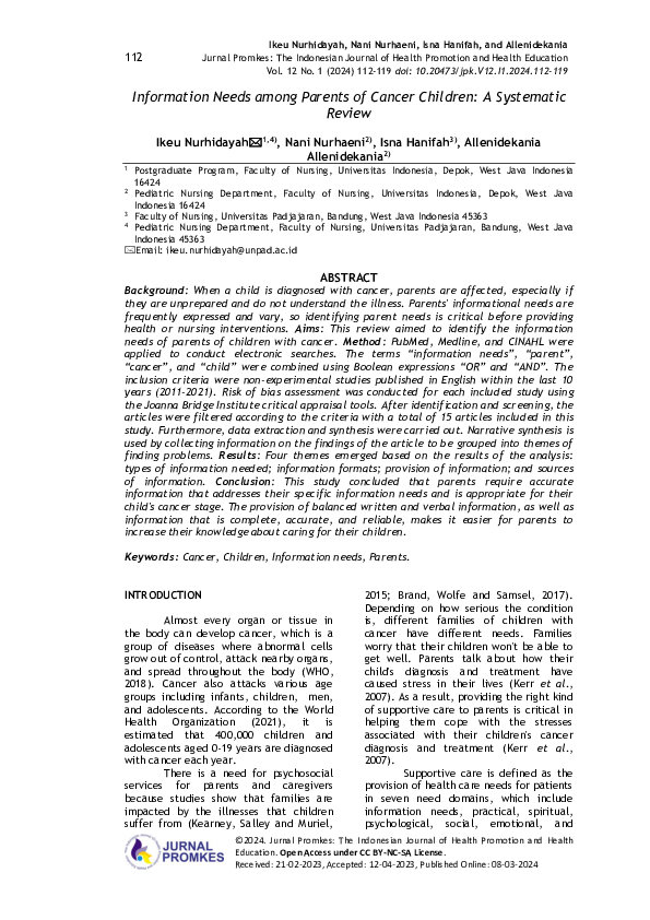 (PDF) Information Needs among Parents of Cancer Children: A Systematic ...