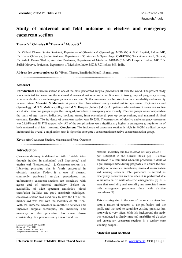 (PDF) Study of maternal and fetal outcome in elective and emergency ...