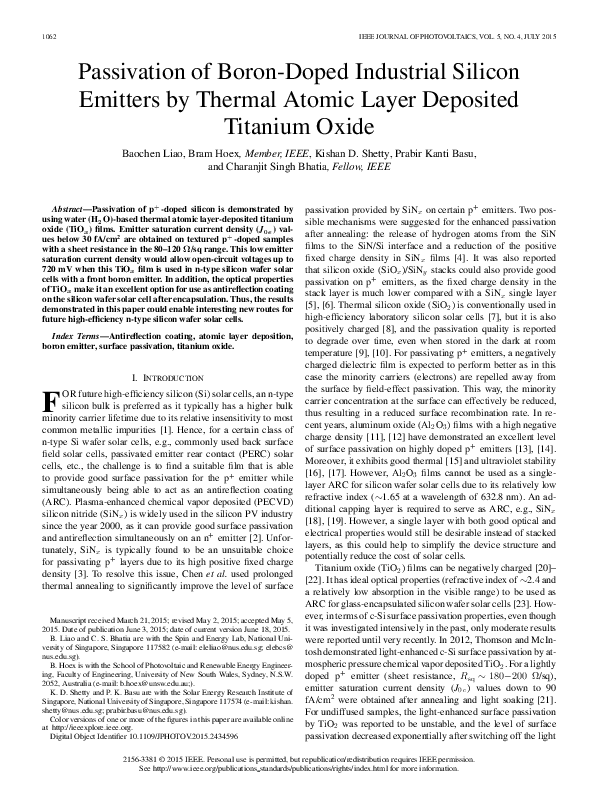 (PDF) Passivation of Boron-Doped Industrial Silicon Emitters by Thermal ...