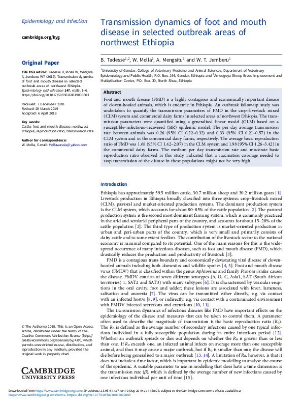 (PDF) Transmission dynamics of foot and mouth disease in selected ...
