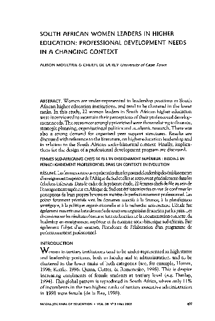 (PDF) South African Women Leaders in Higher Education: Professional ...