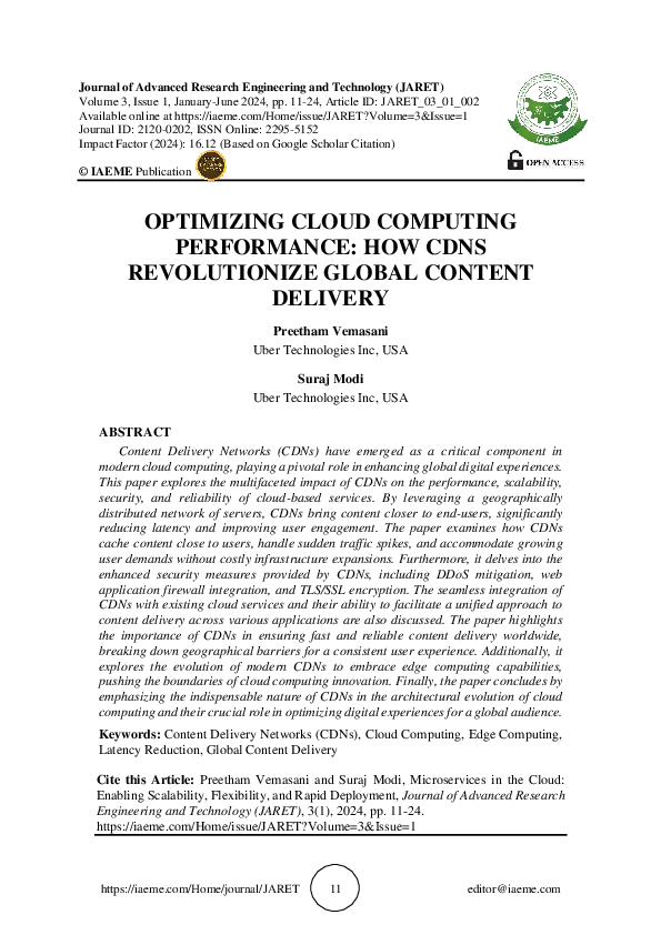 (PDF) OPTIMIZING CLOUD COMPUTING PERFORMANCE: HOW CDNS REVOLUTIONIZE ...