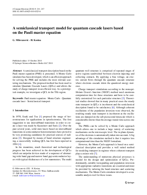 (PDF) A semiclassical transport model for quantum cascade lasers based ...